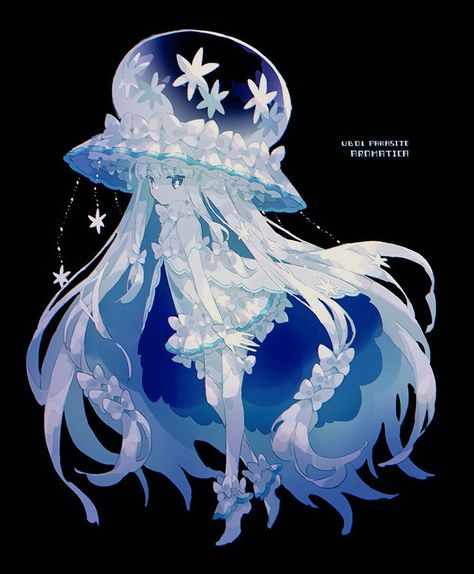 Jellyfish Anime Art, Jellyfish Outfit Design, Jelly Fish Character Design, Sea Angel Character Design, Chibi Jellyfish, Jellyfish Character Design, Jellyfish Creature, Jellyfish Oc, Jellyfish Art