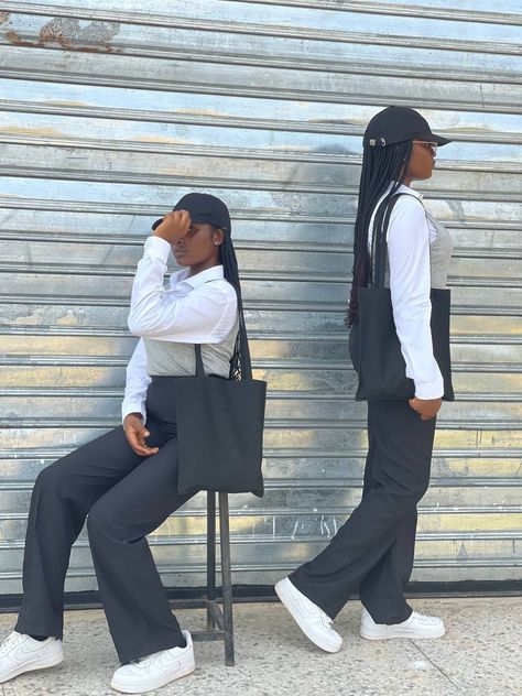 White snickers,black pant trousers,white long sleeve shirt,ash-coloured singlet,black cap,black tote bag Formal Ideas, Men's Business Outfits, Trousers White, White Kicks, Cap White, White Long Sleeve Shirt, Black Cap, Black Tote, Classy Women