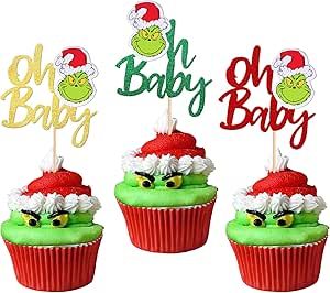 Grinch Cupcake Toppers, Baby Cupcake Toppers, 1st Birthday Cupcakes, Baby Shower Cake Decorations, First Birthday Cupcakes, Glitter Baby Shower, Grinch Party, Baby Cupcake, Edible Cupcake Toppers