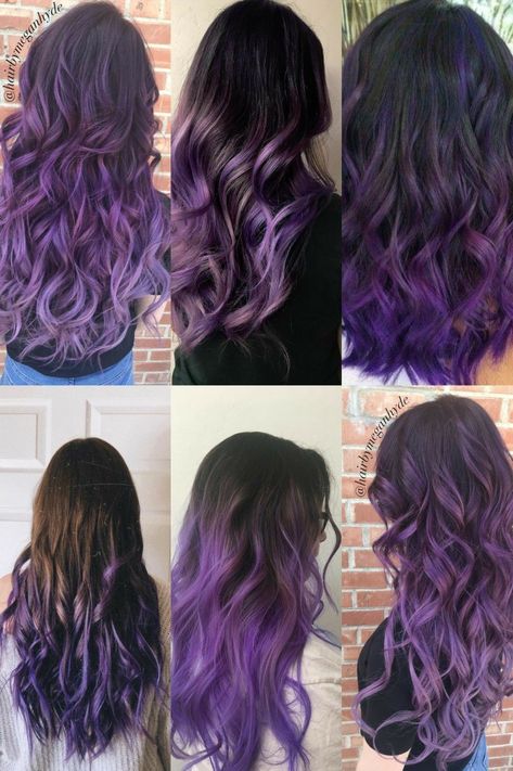 Ends Of Hair Dyed Purple, Purple Hair 2023, Purple Balyage Long Hair, Purple Underdye Hair, Purple Hair Styles, Colorful Balayage, Purple Balayage Hair, Lavender Balayage, Green Hair Color Ideas