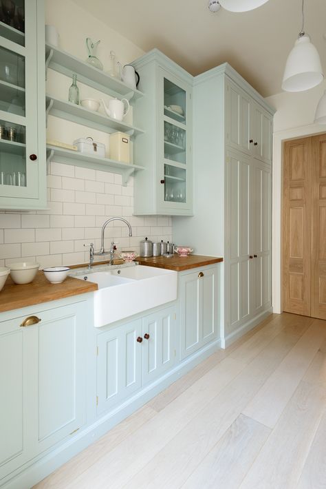 The Pimlico Kitchen by deVOL with beautiful oiled Prime oak worktops Light Aqua Kitchen Cabinets, Light Blue Kitchen Cabinets Butcher Block, Light Mint Kitchen Cabinets, Pastel Cabinets Kitchen, Aqua Cabinets Kitchen, Aqua Green Kitchen, Kitchen Pastel Colours, Pastel Cabinets, Aqua Kitchen Cabinets