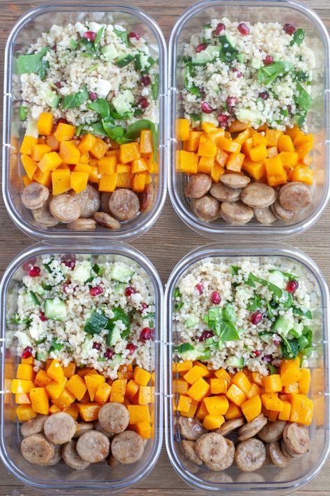 Sausage Meal Prep, Chicken Sausage Recipes Healthy, Sausage Bowl, Healthy Sausage Recipes, Sausage Salad, Chicken Sausage Recipes, Chicken Apple, Chicken Apple Sausage, Salads To Go