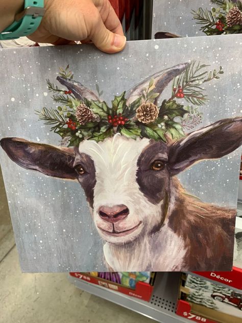 Goat Acrylic Painting, Farm Christmas Painting, Christmas Farm Animals Paintings, Christmas Goat Painting, Christmas Animal Painting, Christmas Cow Painting, Christmas Goats, Cow Paintings On Canvas, Goat Paintings