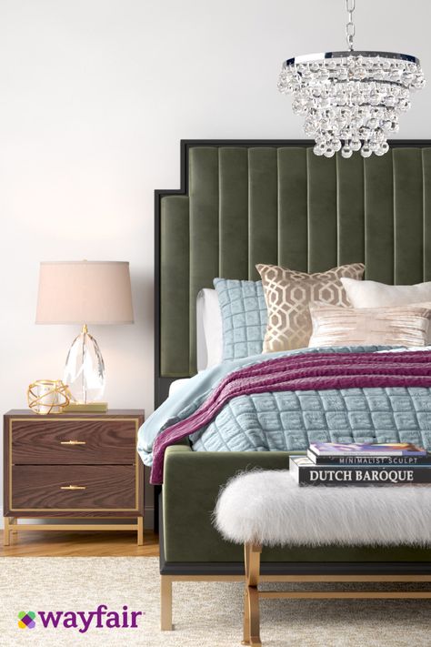 Nightstand With Gold Bedframe, King Bed Frame Gold, Velvet King Bedding Green, Jewel Tone Bedroom Beds & Frames, Moody Bedroom Beds & Bed Frames, Glam Bed, Small Bedroom Ideas For Women, Velvet Upholstered Bed, Glam Bedroom