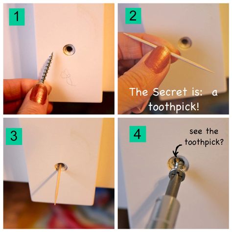 Toothpick for loose screws.  Worked on a drawer in Natalie's room that the knob has been loose forever!  It always drove me nuts. Remove Stripped Screw, Stripped Screw, Rta Kitchen Cabinets, Handy Woman, Making Life Easier, Utila, Women Diy, Home Repairs, Hacks Diy