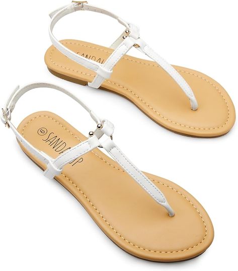 Amazon.com | SANDALUP Thong Flat Sandals with U-shaped Metal Buckle and Adjustable Ankle Strap for Women Summer White 11 | Flats White Sandals Flat, Sandals With Straps, Elegant Flats, Summer White, White Sandals, White Flats, Ring Metal, Ankle Bracelets, Back Strap