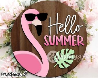 Flamingo door hanger svg - Etsy Front Door Display, Door Hanger Svg, Vinyl Stencil, Round Door Hanger, Door Signs Diy, Door Hanger Template, Tropical Flamingo, Summer Door Hanger, Wooden Door Signs