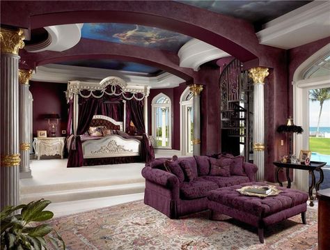 Luxury bedroom with purple decor, canopy bed with separate sitting area Traditional Guest Bedroom, Provincial Bedroom, Purple Furniture, Purple Couch, Royal Bedroom, Luxury Bedroom Design, Luxury Bedroom Master, Luxury Bedroom, Design Living Room