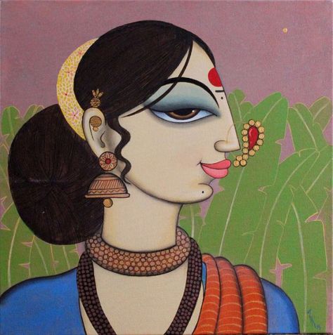 Profile Painting, Woman Profile, Paints And Brushes, Modern Indian Art, Lotus Painting, Pichwai Paintings, Reading Art, Madhubani Art, Indian Folk Art