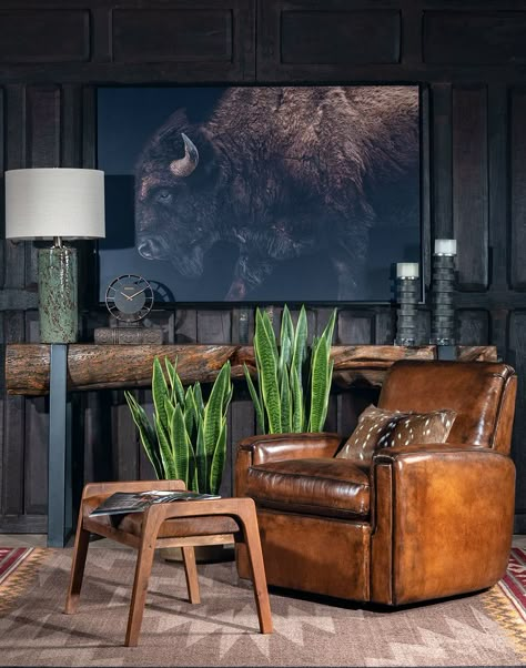 Stunning Black Bison Framed Print featuring a realistic depiction of a majestic American bison against a striking black background. This unique artwork, with its western/modern rustic flair, is printed on high-quality canvas and further enhanced with a matt brushed gel finish for an extra layer of texture. The artwork comes framed in a sleek, black boxed frame adding to its contemporary appeal. Ideal for any home or office looking to add an impactful touch of nature-inspired art. ***Made to Order: Ships out in Approx. 2 weeks time*** Dimensions: 60" W x 40" H x 2" D Want Additional Information or Need Assistance Making a Purchase? Call/Text 817.243.9398, or contact us via email at casademyerstx@gmail.com. Modern Western Living Room Overstock, Modern Cabin Interior Artwork, Rustic Home Interiors Artwork, Adobe Interior, Chesterfield Couch, Western Living Room, Western Interior, Rustic Sofa, American Bison