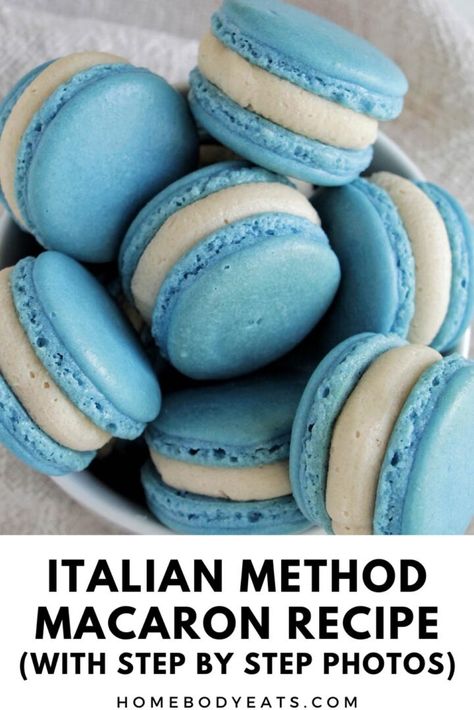 I've finally learned how to make the best Italian method macarons. This guide is so helpful because it shows step by step photos of the whole process for making Italian meringue. Plus, if you run into any issues with this recipe, this guide has troubleshooting steps and a video to follow along with. You can fill the macaron shells with any filling of your choice. Italian Macaron Recipe, Easy Macaroons Recipe, How To Make Macaroons, Italian Macarons, French Macaroon Recipes, Make Macarons, Macaron Filling, Macaroon Cookies, How To Make Macarons