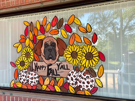 Fall Painted Window Ideas, Cute Fall Window Paintings, Fall Storefront Window Painting, Sunflower Window Painting, Fall Window Painting Ideas, Fall Themed Window Painting, Fall Window Art, Autumn Window Painting, Halloween Mural