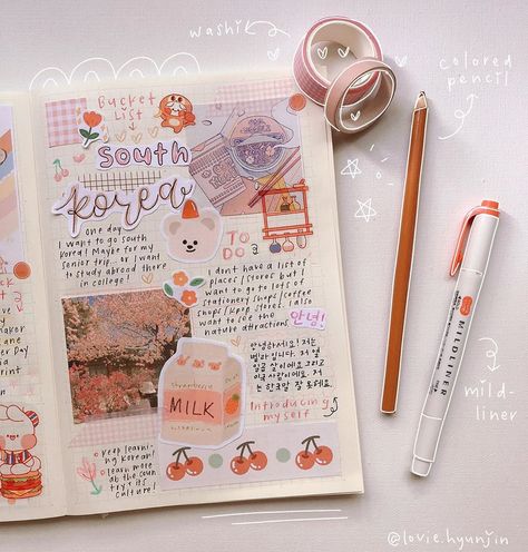 bella⁷🧸🍭 on Instagram: “𝘣𝘶𝘤𝘬𝘦𝘵 𝘭𝘪𝘴𝘵- 𝘴𝘰𝘶𝘵𝘩 𝘬𝘰𝘳𝘦𝘢🍒  sooo i’m gonna start journaling about other things besides kpop to mix things up some! if anyone knows korean…” Kpop Bucket List, South Korea Scrapbook Ideas, Korea Journal Ideas, South Korea Journal Ideas, How To Start Journaling Ideas, Korean Aesthetic Journal, Korean Journal Aesthetic, Korean Journal Ideas, How To Start Journaling