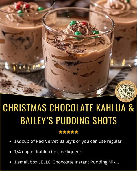 Baileys Pudding Shots, Baileys Pudding, Chocolate Pudding Shots, Pudding Shot Recipes, Sugar Cookie Cheesecake, Kahlua Coffee, Kahlua Coffee Liqueur, Dessert Shots, Pudding Shots