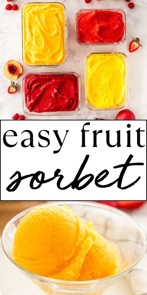 This Sorbet recipe is the ultimate guide to the PERFECT homemade sorbet made from only 2 ingredients! Learn how to make sorbet with fresh or frozen fruit, no ice cream maker required! Recipe from thebusybaker.ca! #sorbet #easysorbet #howtomakesorbet #2ingredientsorbet #homemadesorbet via @busybakerblog Easy Sorbet 3 Ingredients, Homemade Sorbet Recipe Easy, Homemade Fruit Sorbet, Frozen Fruit Ice Cream Healthy, Homemade Sorbet Recipe Ice Cream Maker, Home Made Sorbet Recipes, Melon Sorbet Recipe, How To Make Sorbet Homemade, Frozen Fruits Recipe