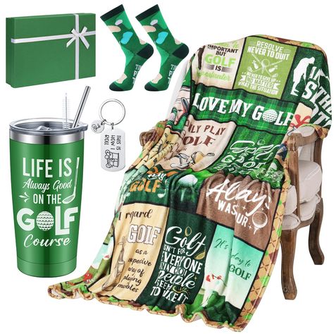 PRICES MAY VARY. Complete Golf Gift Set: this golf themed gift set includes everything a golf loving dad needs to show off his passion; It features a golf blanket, stainless steel travel mug, golf socks, golf keychain, and a gift box; It's the ideal gift for birthdays, holidays, Father's Day, or Christmas, providing a complete package for golfers and golf enthusiasts Generous Size: the golf tumbler holds approximately 20 oz, while the blanket measures about 50 x 60 inches; The blanket is the ide Golf Related Gifts, Golf Gift Basket Ideas, Golf Keychain, Golf Tumbler, Golf Lover Gifts, Golf Socks, Christmas Golf, Gifts Set, Golf Gift