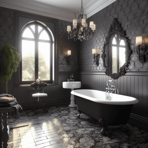 Gothic Theme House, Gothic Restroom, Victorian Goth Interior Design, Modern Victorian Gothic Decor, Dark Victorian Interior, Gothic Hotel, Modern Gothic Farmhouse, Victorian Homes Gothic, Gothic Revival