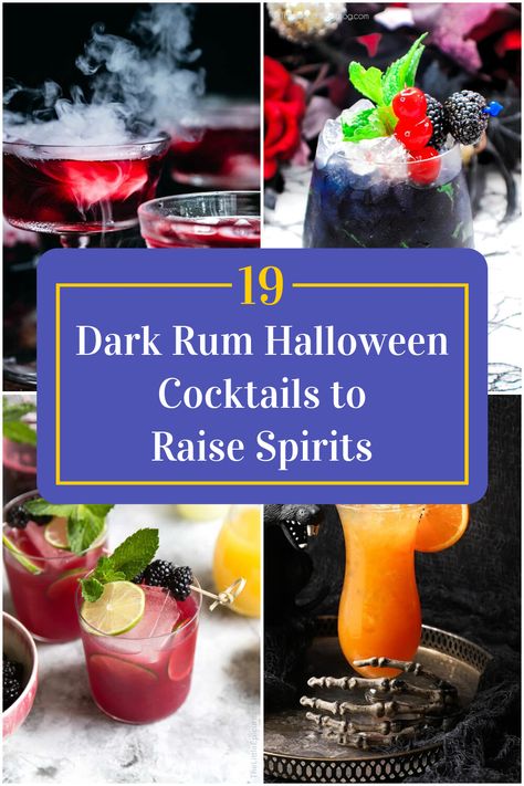 Collage of 4 dark rum halloween cocktails. Spiced Rum Halloween Drinks, Rum Halloween Cocktails, Dark Rum Drinks Recipes, Alcoholic Drinks Rum, Drinks With Rum, Dark Rum Drinks, Rum Drinks Easy, Dark Rum Cocktails, Spiced Rum Cocktails