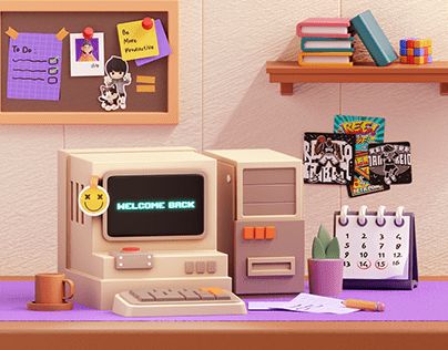 Lego Furniture, 3d Computer Graphics, Mini Computer, Banner Design Layout, Retro Office, Retro Room, Isometric Art, Blender Tutorial, 3d Illustrations