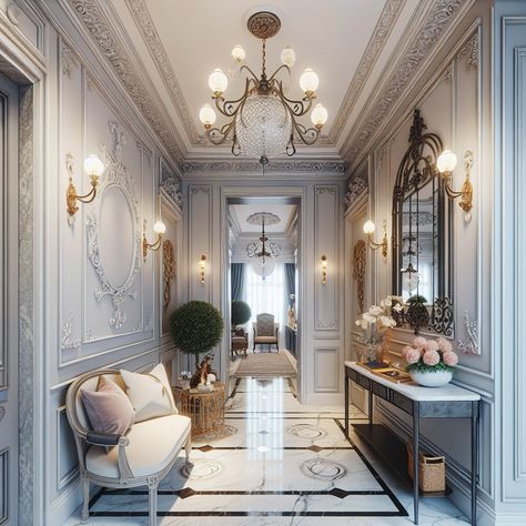 Imagine it decorated with elements such as delicate wrought iron details, classic moldings on the walls, marble flooring, subtle color schemes with pops of bold color, and chic lighting fixtures. Include features that are functional and enhance the aesthetics, such as a slim console table, an ornate mirror, and a cozy seating area with a vintage chair and plush pillows. This image should serve as an inspirational guide for a home remodel. Georgian Entrance Hall, Fancy Hallway, Master Hallway, Luxurious Hallway, Classic Hallway, Hallway Design Ideas, Neutral Color Palette, Hallway Design, Entrance Hall