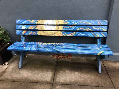 Wood Bench Painting Ideas, Painted Park Bench Ideas, Bench Painting Ideas, Bench Design Outdoor, Park Bench Ideas, Concrete Bench Outdoor, Bench Painting, Rustic Wood Bench, Paint Concrete Patio