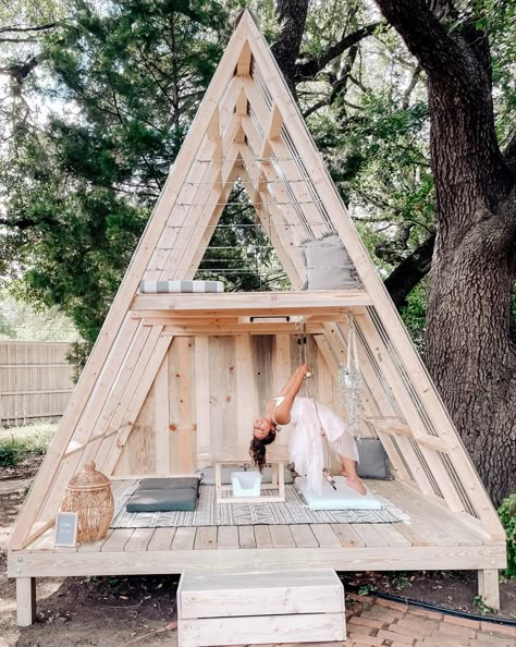 Built this a-frame playhouse for my kiddos! Tree House Playground, A Frame Playhouse, Play Area Backyard, Tree House Diy, Backyard Playhouse, Backyard Playground, Backyard Play, Backyard For Kids, Backyard Projects