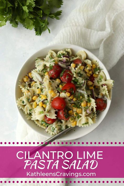 This Cilantro Lime Pasta Salad uses an easy Cilantro Lime Greek Yogurt dressing that is tossed with pasta, corn, tomatoes, and more! It's super easy to customize with different mix-ins and stores well in the fridge to be used as meal prep. Cilantro Lime Pasta Salad, Cilantro Lime Pasta, Lime Pasta Salad, Lime Pasta, Greek Yogurt Dressing, Cilantro Dressing, Yogurt Dressing, Cilantro Lime, Greek Yogurt