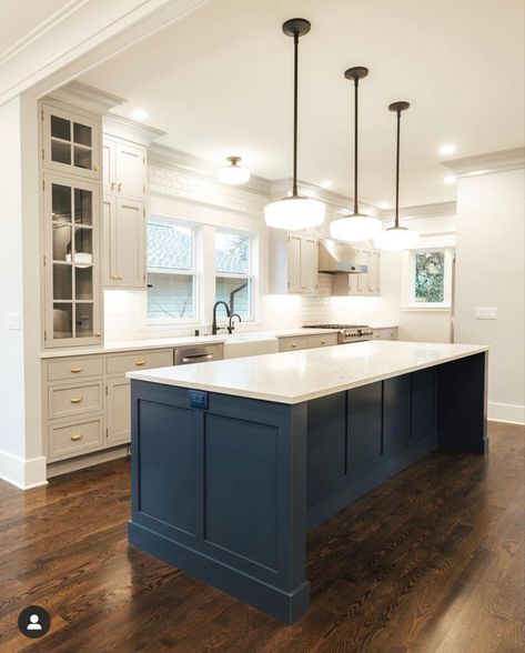 Navy Kitchen Cabinets, Blue Kitchen Island, Skylight Kitchen, Kitchen Construction, Blue Cabinets, Kitchen Concepts, White Cabinetry, Blue Kitchen, Kitchen Cabinet Colors