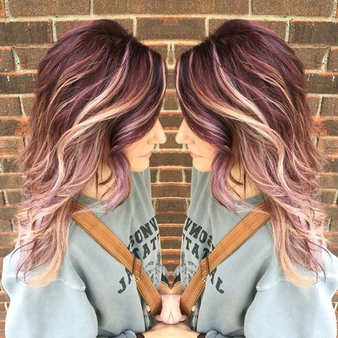 Violet baylage Plum With Blonde Highlights, Most Popular Hair Colors For 2023, Fun Mom Hair Color, Multi Color Ombre Hair, Purple Root Smudge, Fall Hair Purple, Burgundy Blonde Balayage, Plum Hair With Blonde Highlights, Fun Hair Color Ideas For Blondes