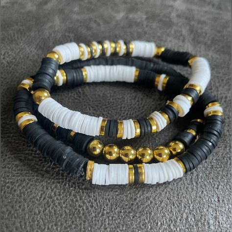 Set Of 3 Handmade Heishi Boho Clay Beaded Bracelets. Black, White & Yellow Gold. Size: Os (Stretch) Beaded Bracelets Black, Clay Beaded Bracelets, Bracelets Black, Black White And Gold, Diy Bracelets Easy, Clay Bracelet, Black White Yellow, Black Clay, Bead Loom Patterns