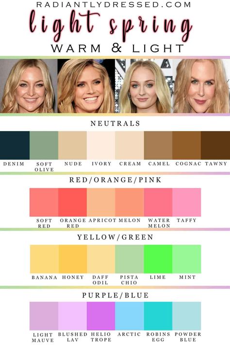 Light Spring Color Pallete, Colour Analysis Spring Clothes, Light Spring Color Palette Clothing, My Color Palette Clothes, Light Spring Color Palette Wardrobe, Spring Color Analysis Hair, Spring Pallet Color Analysis, Late Spring Color Palette, Spring Pallete Colors Clothes