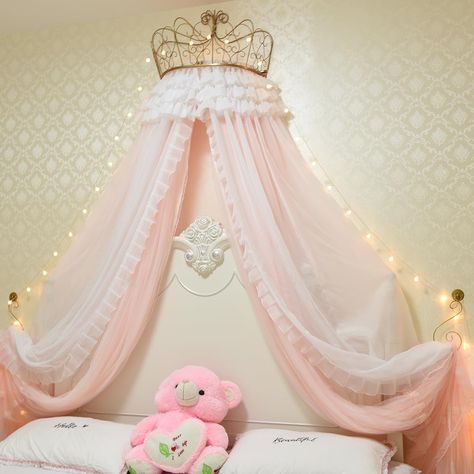 Curtain Over Bed, Princess Nursery Theme, Princess Nursery Room, Prince Nursery, Girls Princess Room, Disney Princess Room, Romantic Curtains, Girl Bed, Romantic Princess