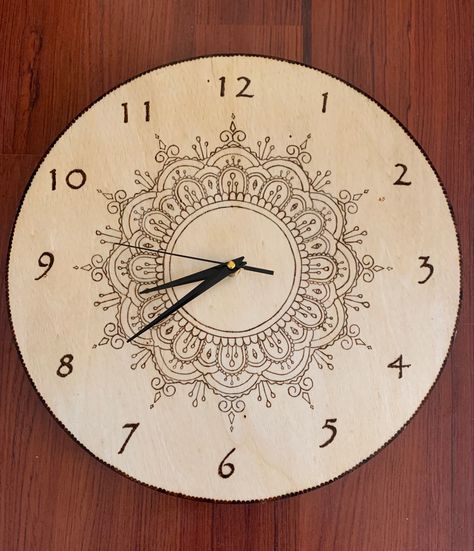 Mandala Clock, Pyrography, Art Inspo, Wall Clock, Clock, Wood, Wall, Home Decor, Design