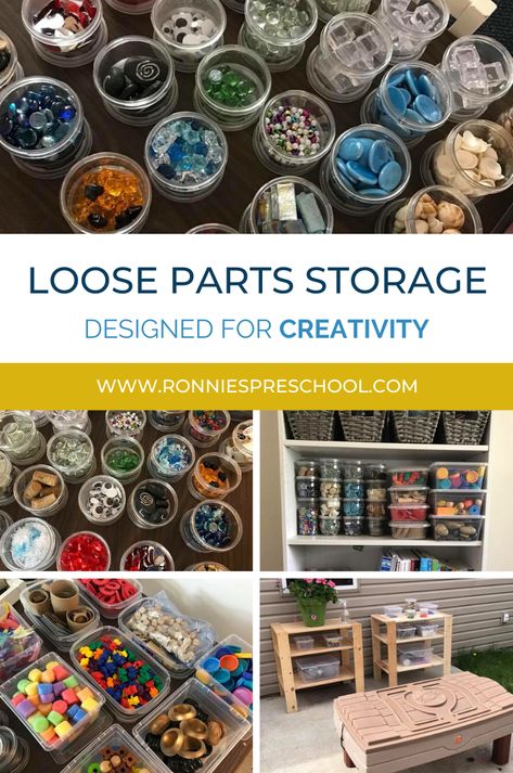 Stuck trying to figure out how to store all of your loose parts? Read this blog post that will get you started and keep the creativity flowing for the children and you! Loose Part Storage, Loose Parts Storage Ideas, Kindergarten Loose Parts, Loose Parts Organization, Parts Storage Ideas, Loose Parts Area, Loose Parts Ideas, Loose Parts Storage, Tinker Space