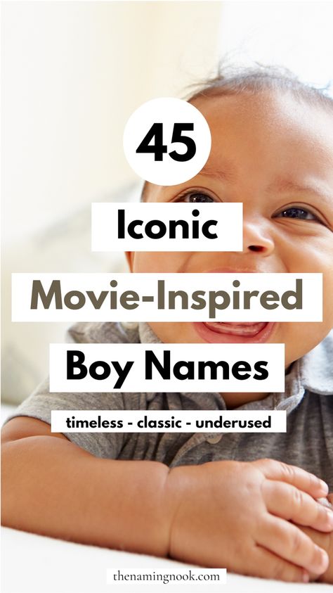 45 Cool & Classic Boy Names Inspired by Movie Characters. Looking for a cool and timeless baby boy name? Here are 45 timeless names for boys. Our list shares unique boy names inspired by movie characters. Tap for the full list of boy name aesthetic, cool boy names, and unusual baby names. Classic Boy Names, Rare Baby Girl Names, Old Fashioned Baby Names, Name Aesthetic, Names For Boys List, Cool Boy Names, Iconic Movie Characters, Film Characters