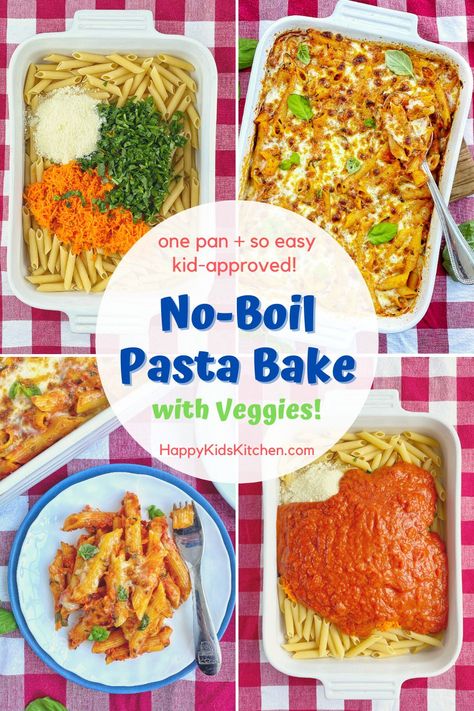 An easy, healthy dinner the whole family will love. No-Boil Pasta Bake is filled with veggies and made right in the baking dish. No extra pot to cook the pasta! #weeknightdinner #whatsfordinner #noboilpasta #pastadinner #bakedpasta #cookingwithkids Pasta Bakes Healthy, Pasta Bake With Veggies, Pasta Bake No Cheese, Easy No Boil Pasta Bake, Pasta Cooked In Oven, Pasta Kids Love, No Cook Pasta Bake, No Boil Pasta Bake Recipes, No Boil Baked Pasta