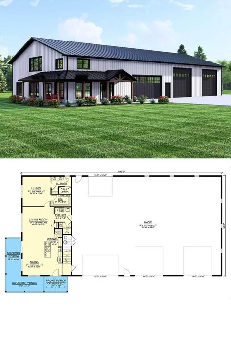 Charming Barndominium, House With Shop, Shop Floor Plans, Shop And House Combo Plans, Porch Floor Plan, Shop With Living Quarters, Mansion Floor Plans, Oversized Garage, Wraparound Porch