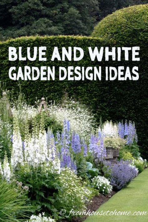 These blue and white garden design ideas are gorgeous! I really love the blue and white ginger jars used as garden decor in the yard. This is one of my favorite flower garden color schemes!  #fromhousetohome #gardening #gardenideas #blueandwhitegarden #gardendesign #seasonaldecor #summerdecoratingideas Blue Hydrangea Garden Landscapes, Blue And White Gardens, Blue Patio Decorating Ideas, Peony Landscaping Garden Design, White Flower Landscaping, Flower Garden Color Schemes, Garden Color Scheme, White Garden Design, Perennial Garden Ideas