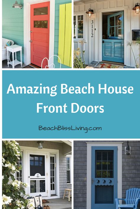 Beach House Doors Entrance, Beach House Color Palette Exterior, Beach Exterior Paint Colors, Beach Cottage Front Door, Beach House Front Doors, Coastal Door Colors, Beach House Door Colors, Beach House Front Door Colors, Beach Front House Exterior