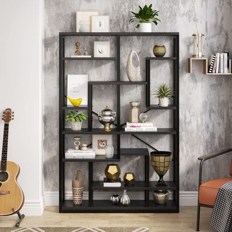 PRICES MAY VARY. [ Stylish and Chic Design ]- Tribesigns black bookshelf features a unique and staggered design that adds a touch of modern and chic style to your home decor. Whether you have a contemporary or traditional home, this book shelf will easily blend in and elevate the overall look of your space [ Versatile Home Decor ]- This bookcases and book shelves 9-Tier shelf is perfect for displaying your papers, books, decorative items, and other essentials. It can match various styles of home Mid Century Bookshelf, Display Bookshelf, Black Bookshelf, Room Divider Bookcase, Open Storage Shelves, Display Bookcase, Metal Bookshelf, Bookshelf Organization, Bookshelf Storage