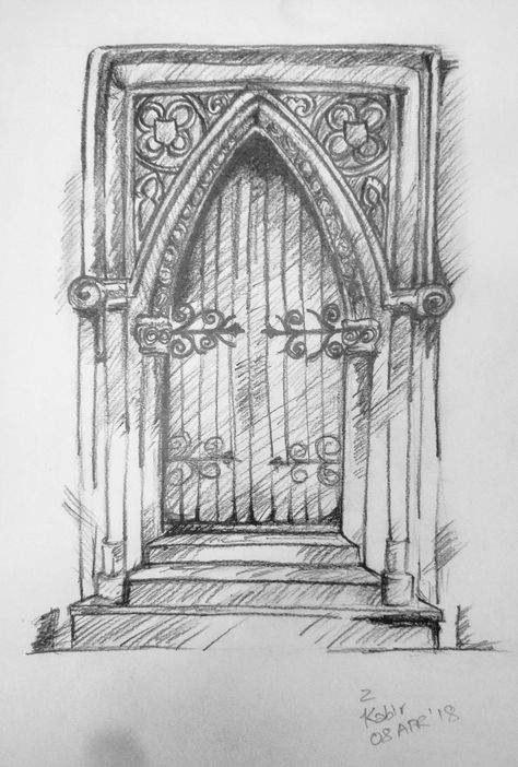 Gothic Door Drawing, Gothic Door Tattoo, Gothic Architecture Drawing Easy, Church Drawing Sketch, Gothic Church Drawing, Gothic Architecture Drawing, Gothic Door, Gothic Drawings, Church Door