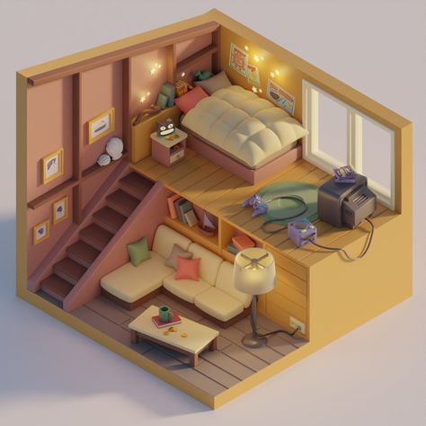 Juliestrator with Blender Steven Universe Bedroom, Universe Bedroom, House Floor Design, Isometric Art, Isometric Design, Kawaii Room, Home Building Design, Sims 4 Houses, House Room