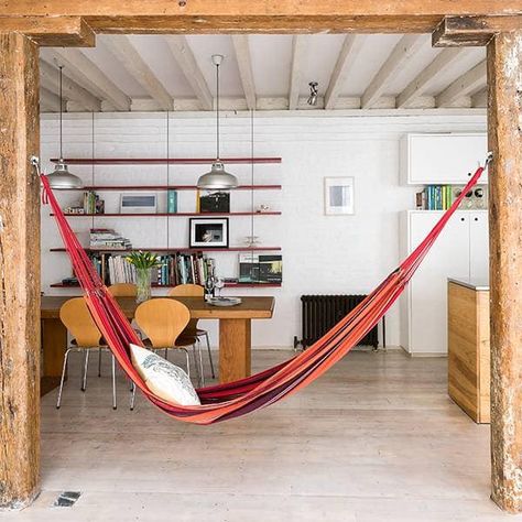 21 Indoor Hammock Ideas | domino Living Room Hammock, Room Hammock, Små Rum Lidt Plads, Backyard Hammock, Indoor Hammock, Hammock Bed, Hanging Hammock, Hammock Stand, Plywood Furniture