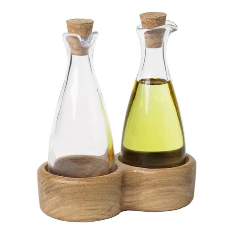 Menageri Oil & Vinegar Bottles | Design Public 1940s Aesthetic, Oil And Vinegar Bottles, Food Stains, Bottle Stand, Modern Home Furniture, Arne Jacobsen, Cork Stoppers, Wooden Animals, Royal Copenhagen