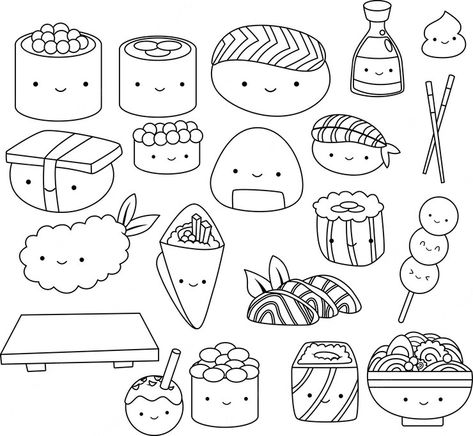 Free Vector | A vector of many types of sushi and japanese food in black and white Kawaii Drawings Black And White, Japanese Food Coloring Pages, Sushi Drawing Black And White, Drowing Foods, Japanese Cute Drawings, Tiny Sushi Tattoo, Sushi Coloring Page, Cute Drawings Black And White, Food Outline Drawing