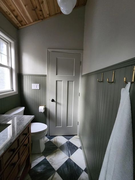 Wanted to share bathroom reno! : HomeDecorating Wood Wall Bathroom, Bathroom Paneling, Bathroom Ceiling, Bathroom Reno, Main Bathroom, Wood Bathroom, Wood Panel Walls, Wood Ceilings, Shared Bathroom