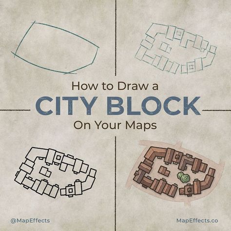 City maps can be a lot of fun to draw, but they come with their own unique set of challenges. It’s one thing to draw individual buildings that are completely isolated from one another; it’s another to draw a city block where everything is more mashed together. In this tutorial I’ll walk you through my process to sketching, inking, and finally coloring a city block so you can add them to your own fantasy maps! #mapeffects #howtodraw #fantasymaps #fantasy #tutorial #rpg #dungeonsanddragons How To Draw A City On A Map, How To Draw Cities On Fantasy Maps, Fantasy Land Map Drawing, Fantasy Map Art Ideas, Dnd Fantasy Map, Fantasy Map Tutorial, How To Make A Fantasy Map, City Fantasy Map, Map Fantasy Art