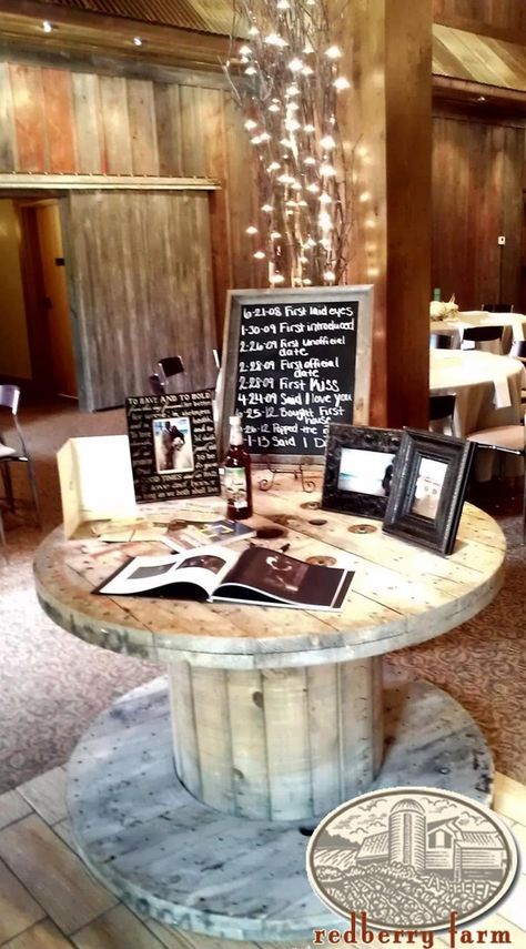 This guest book table is definitely eye catching! The table is actually a re-purposed wire spool. If you had several spools, you could even finish the tops with a wood stain or a fun paint choice & set them in a courtyard or backyard with stools around them for guests to enjoy. The spools have a hole in the center so you could even add an umbrella! (The Silo Tulsa, @ Redberry Farm). Wooden Spools Wedding, Cable Spool Wedding Ideas, Wood Spool Wedding Ideas, Wire Spool Wedding Ideas, Wooden Spool Tables Wedding, Spool Wedding Decor, Rustic Guest Book Table, Fun Seating Chart, Guest Books Ideas