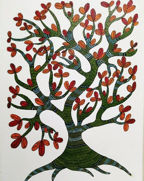 Tree in tribal art. Gondi painting is folk art of gond tribe residing majorly in madhya pradesh and chattisgarh states of India. Gond Art Tree Of Life, Gond Art Trees, Tree Of Life Gond Art, Gond Painting Folk Art Tree Of Life, Gond Painting Folk Art, Branches Of Art, Contemporary Botanical Art, Warli Painting, Gond Art