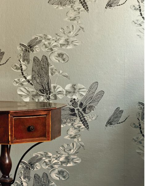 Evoking hazy summer days by the river, Dragonfly features hand-painted watercolour lily pads and graphic dragonflies meandering downstream. Watercolour Lily, Barneby Gates, Grey Illustration, Dragonfly Wallpaper, Metallic Background, Dragon Flies, Dragonfly Art, Pewter Metal, Skeletal